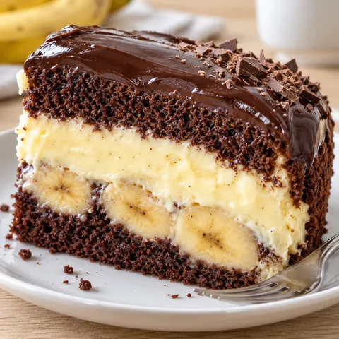 Affenkuchen mit Banane, Vanillecreme und glänzendem Schokoguss