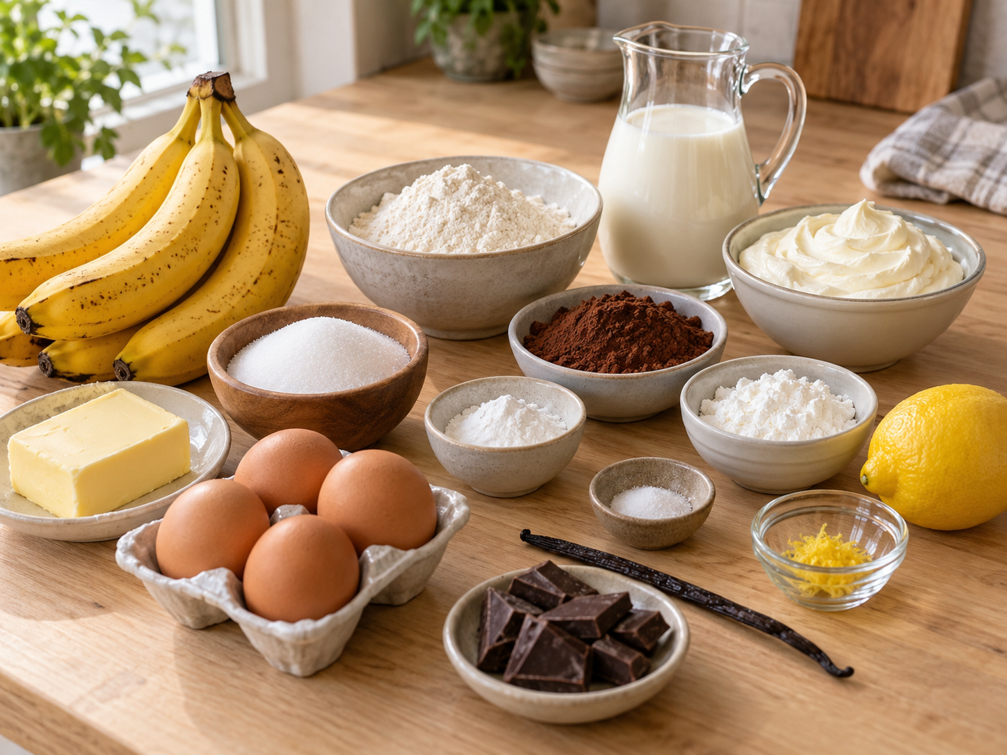 Zutaten für Affenkuchen mit Banane und Vanillecreme auf heller Holzfläche