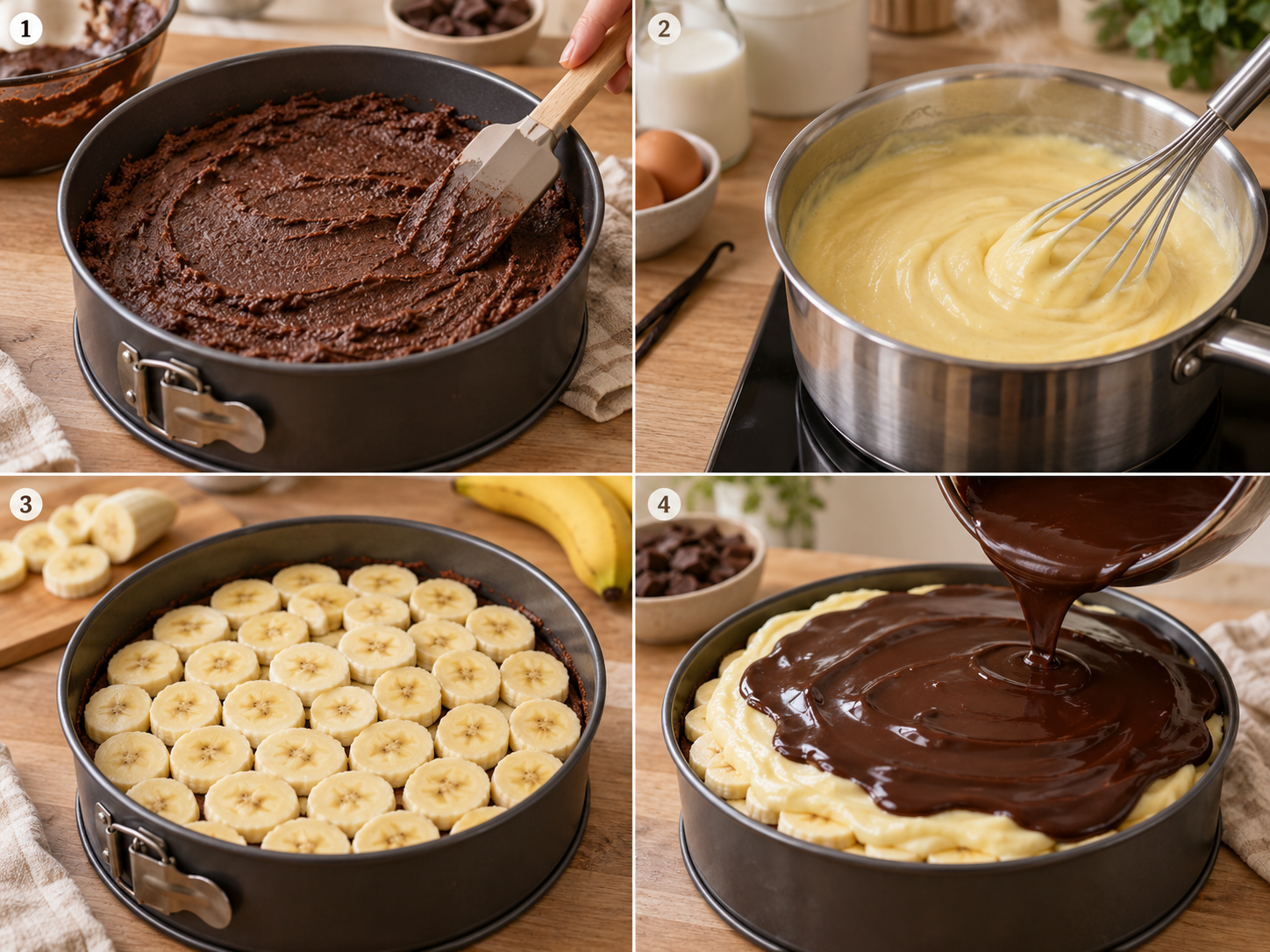 Vier Zubereitungsschritte für Affenkuchen mit Banane und Vanillecreme