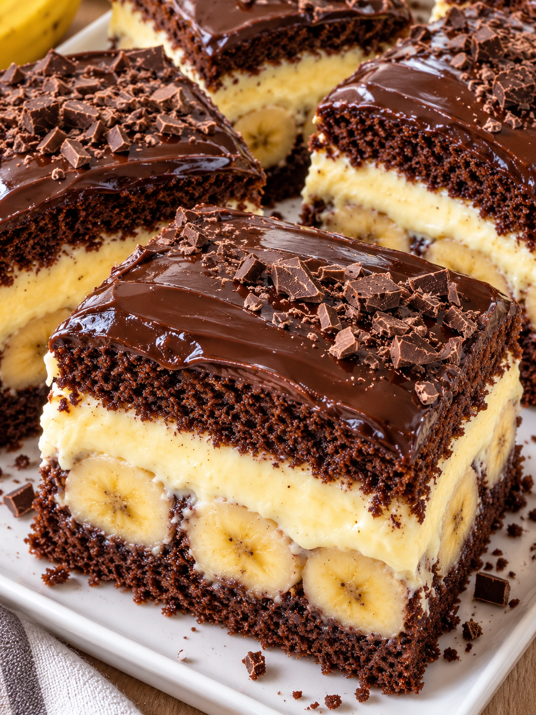 Affenkuchenstücke mit Banane, Vanillecreme und Schokoguss