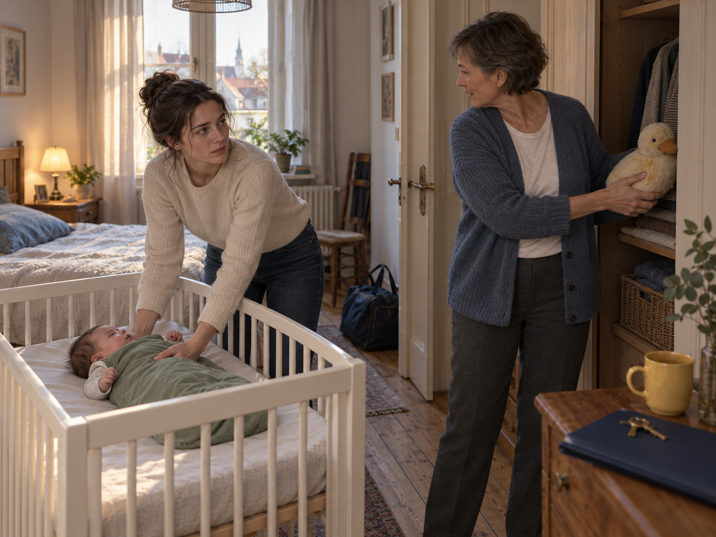Jule legt Emil in sein freies Babybett, während Ruth ein altes Kissen wieder in den Schrank räumt.
