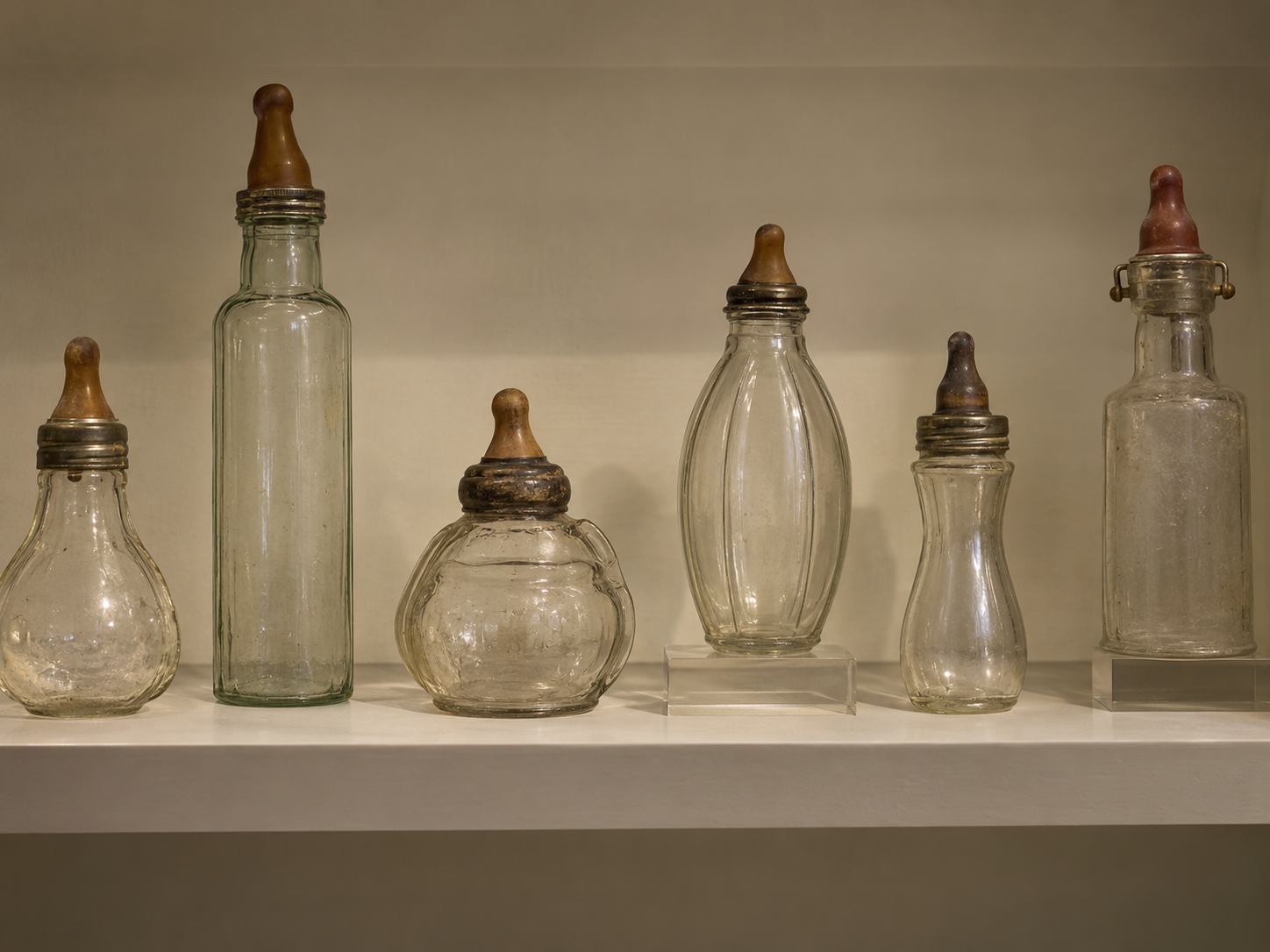 Mehrere historische Babyflaschen aus Glas in unterschiedlichen Formen auf einem Regal.