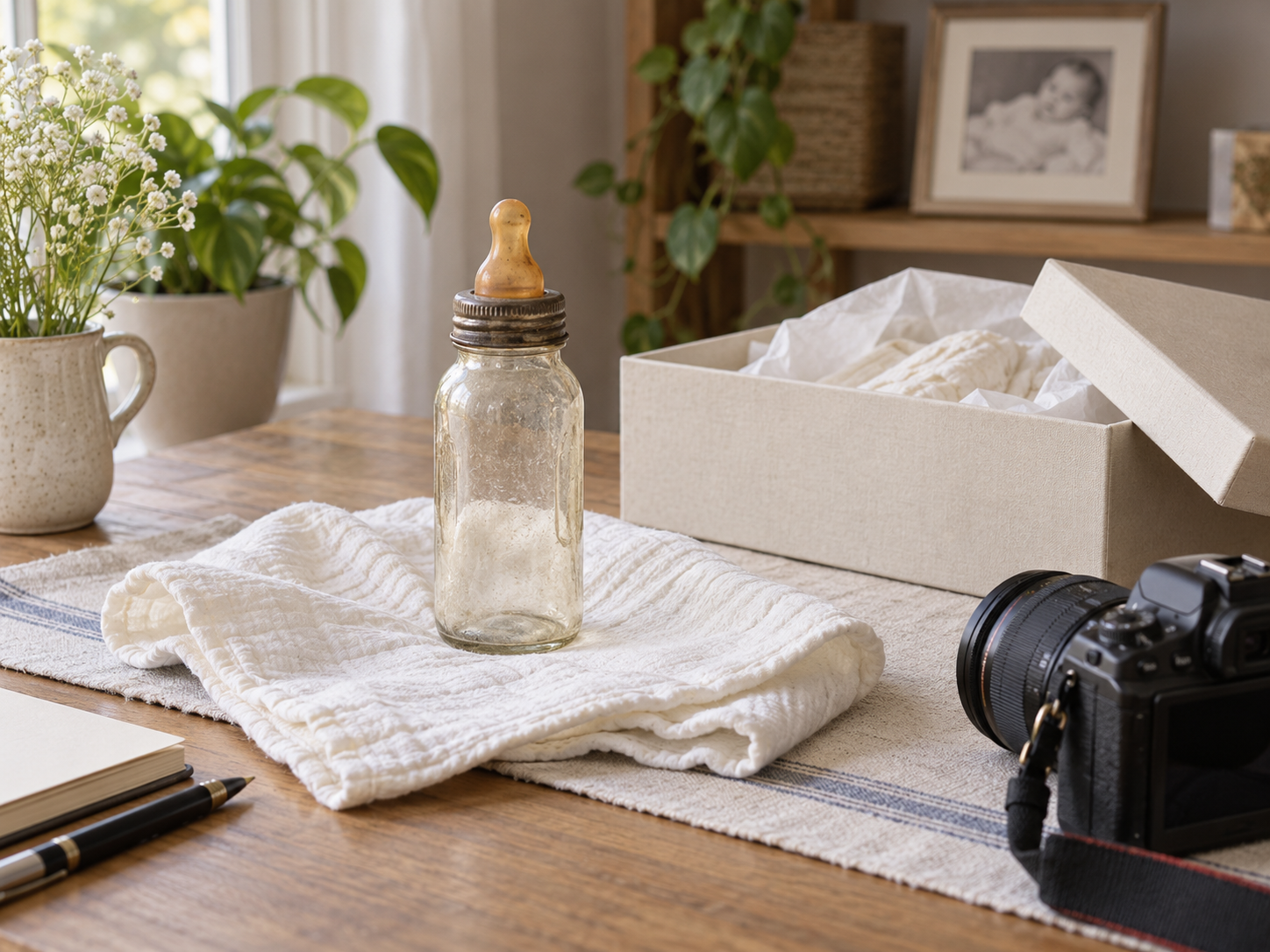 Alte Glas-Babyflasche neben weichem Tuch und Aufbewahrungsbox zur sicheren Lagerung.