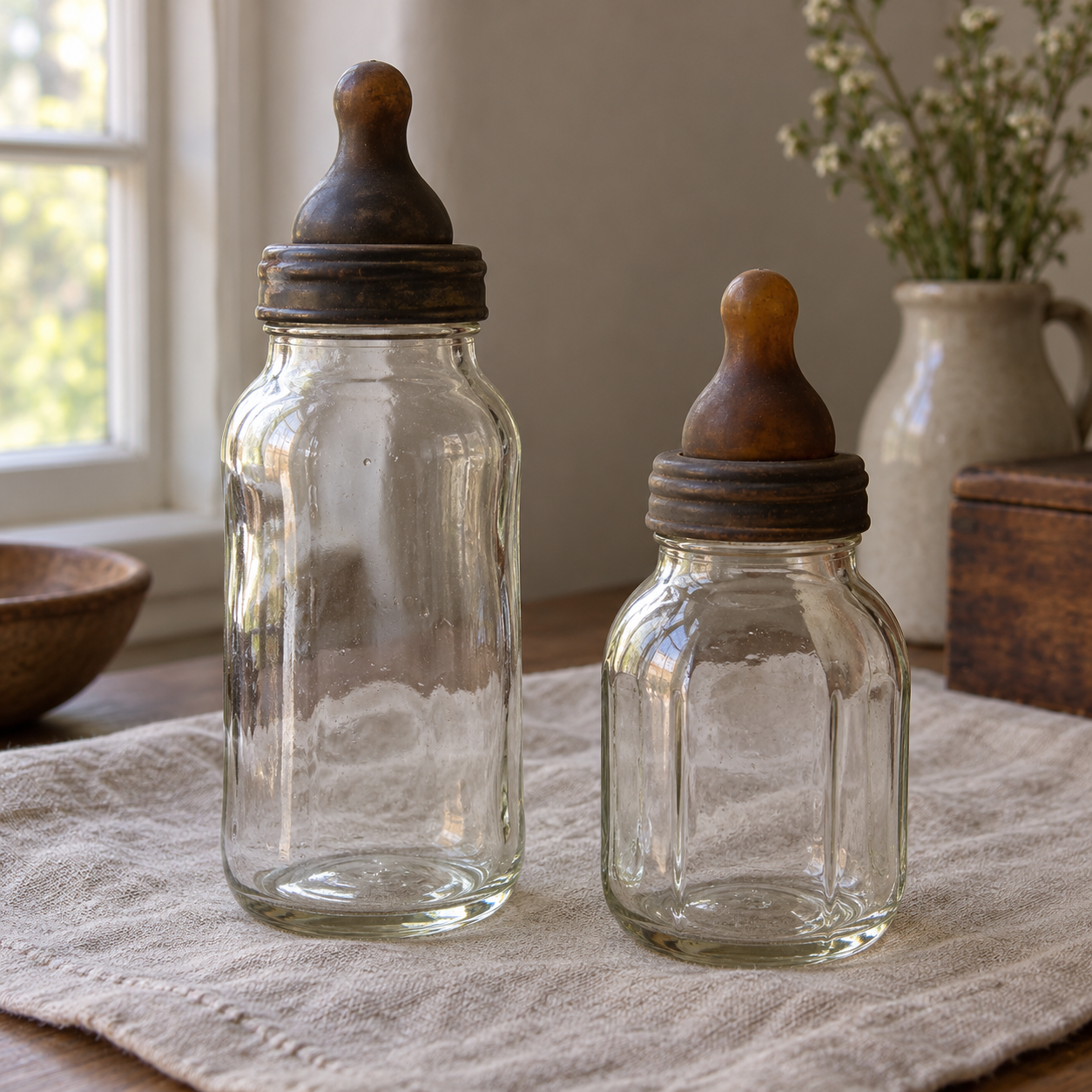 Zwei alte Babyflaschen aus Glas mit dunklen Gummisaugern auf hellem Stoff.