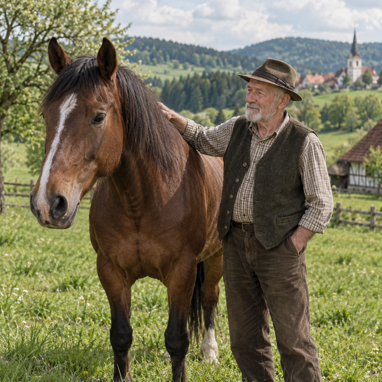 Älterer Mann steht auf einer Weide neben einem braunen Pferd.