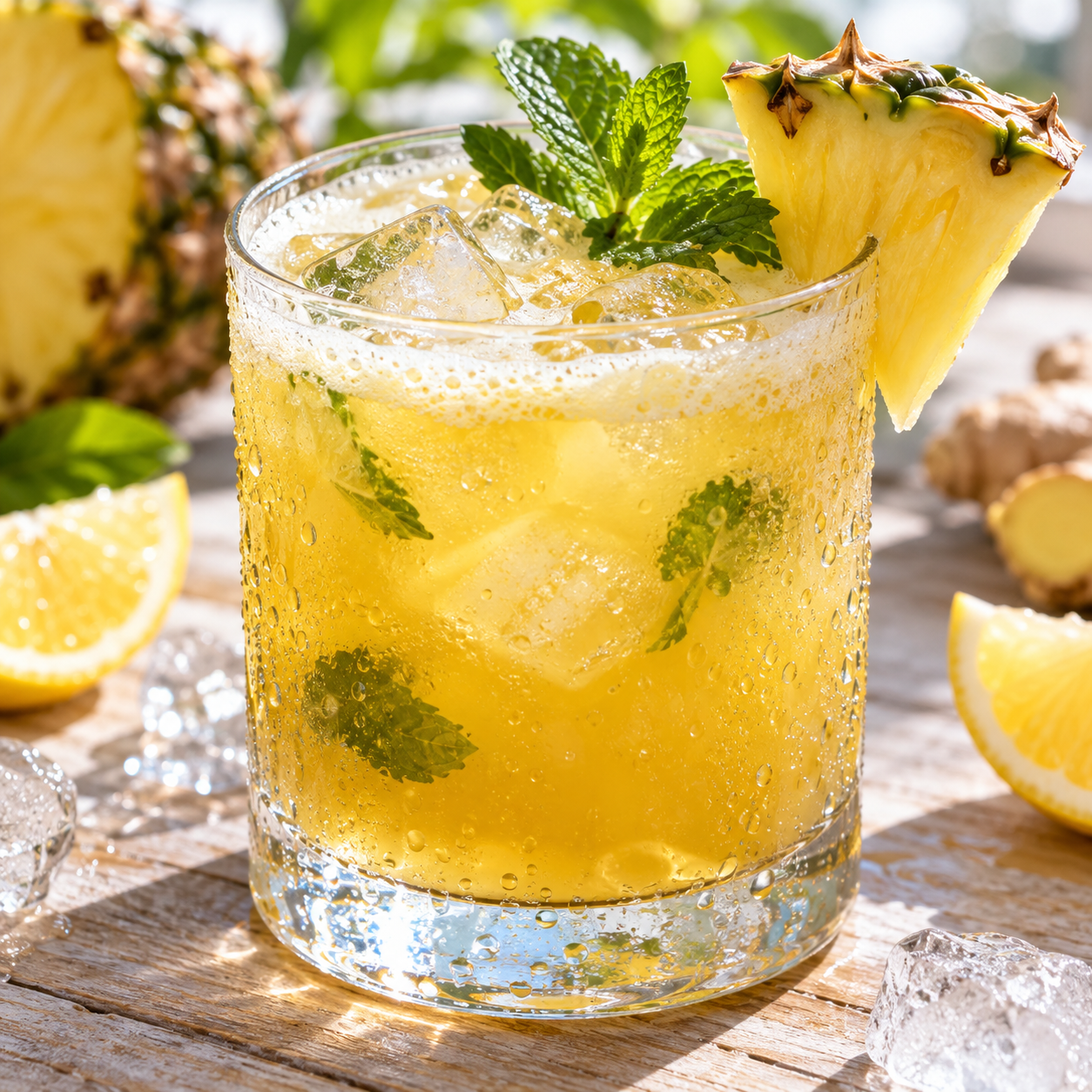 Ananas-Ingwer-Drink mit Eis, Minze und Ananasstück im Glas