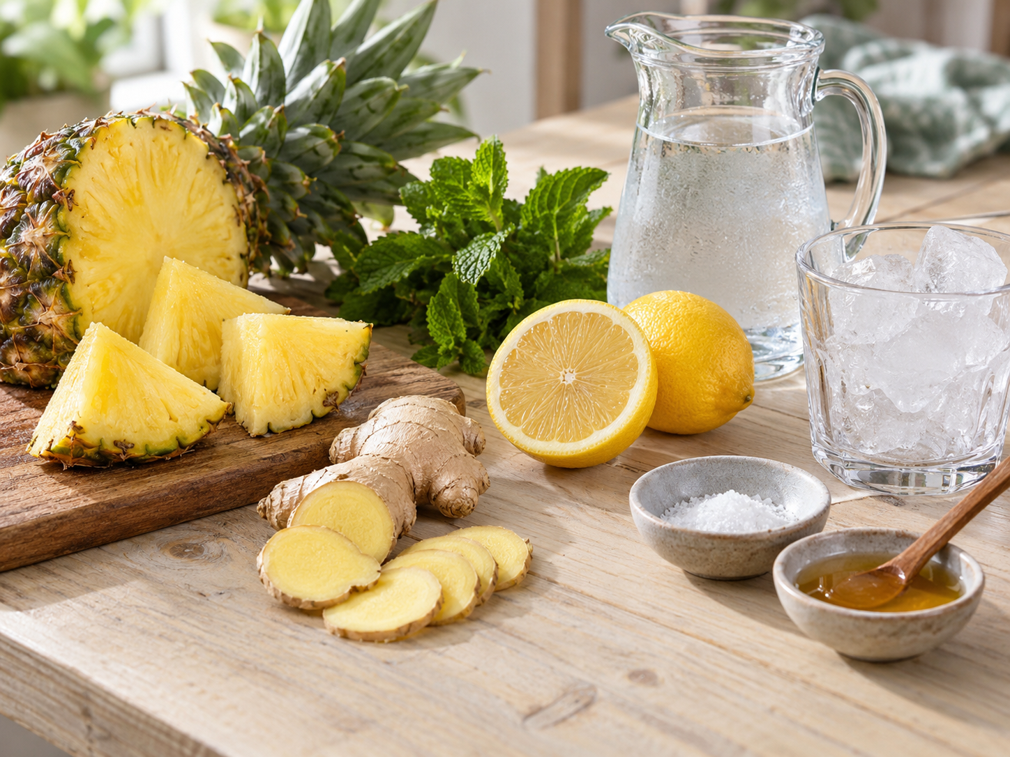 Zutaten für Ananas-Ingwer-Drink mit Zitrone, Minze und Eis