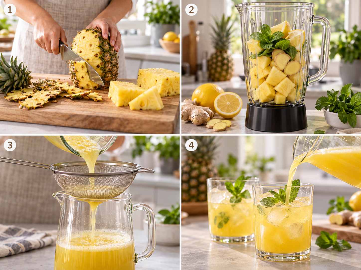 Vier Schritte für Ananas-Ingwer-Drink vom Schneiden bis zum Eingießen