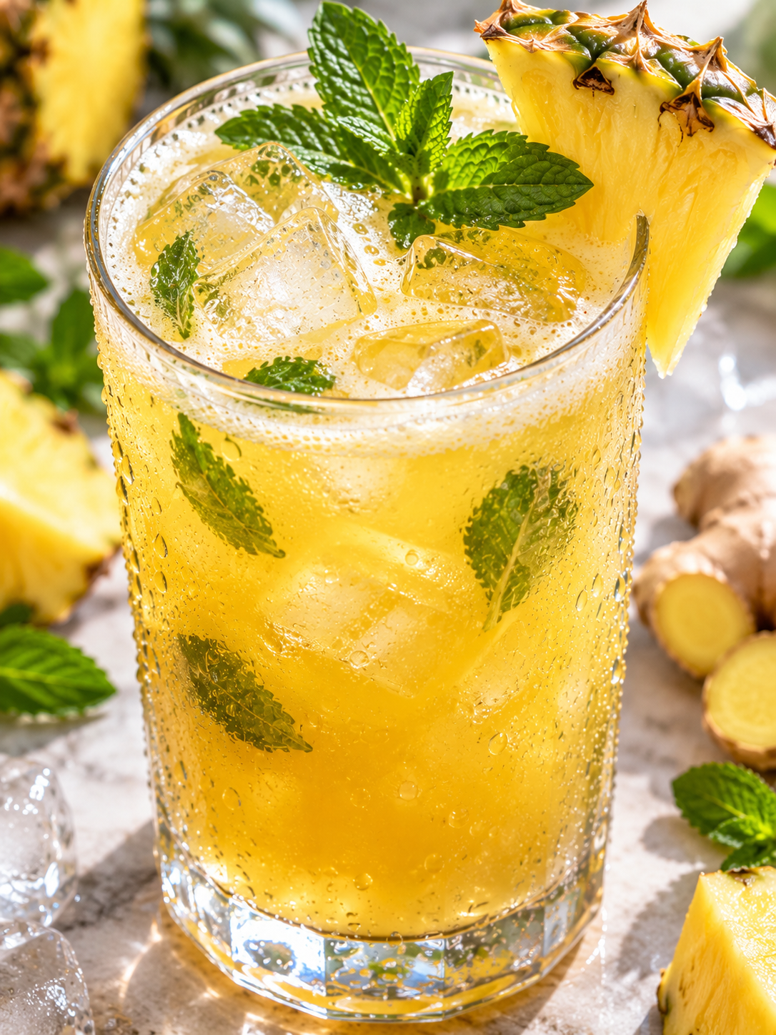 Goldgelber Ananas-Ingwer-Drink mit Eis, Minze und Ananas