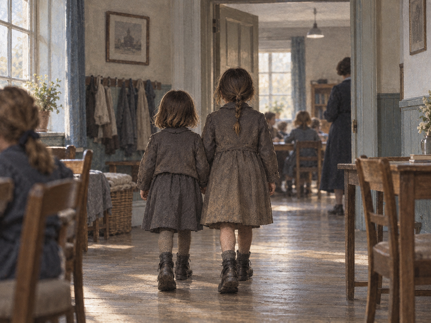Symbolische Illustration der Nachkriegszeit: Die älter gewordenen Schwestern gehen durch einen englischen Kinderheimraum.