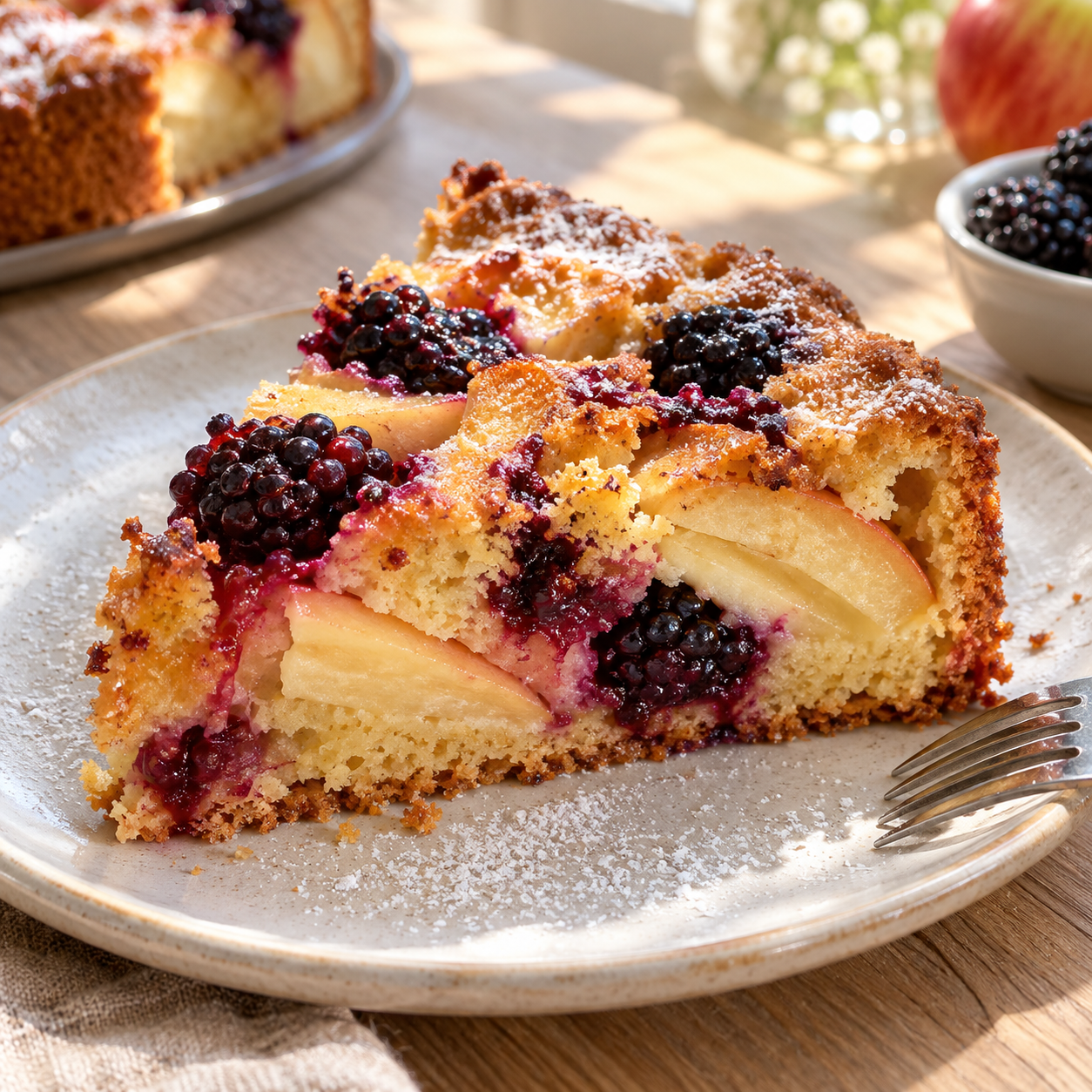 Apfel-Brombeerkuchen mit Rührteig, Brombeeren und Puderzucker