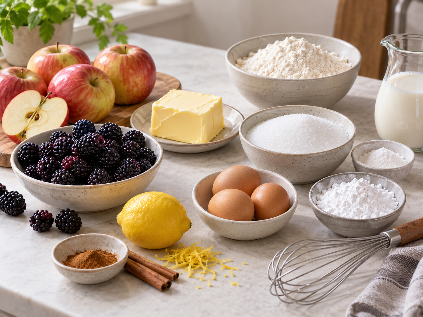 Zutaten für Apfel-Brombeerkuchen mit Butter, Eiern, Äpfeln und Brombeeren