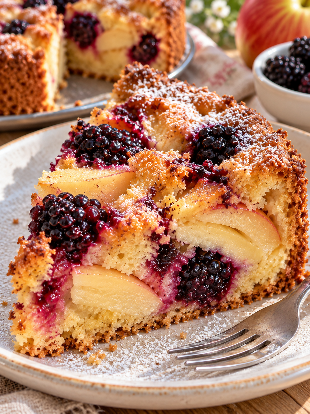 Saftiges Stück Apfel-Brombeerkuchen mit goldener Krume und Puderzucker