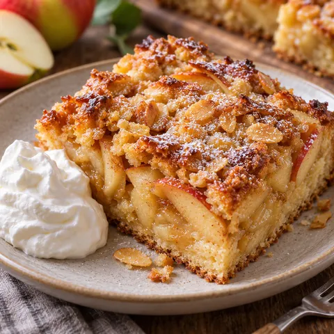 Apfel-Butterkuchen mit Mandelkruste und Sahne auf einem Teller