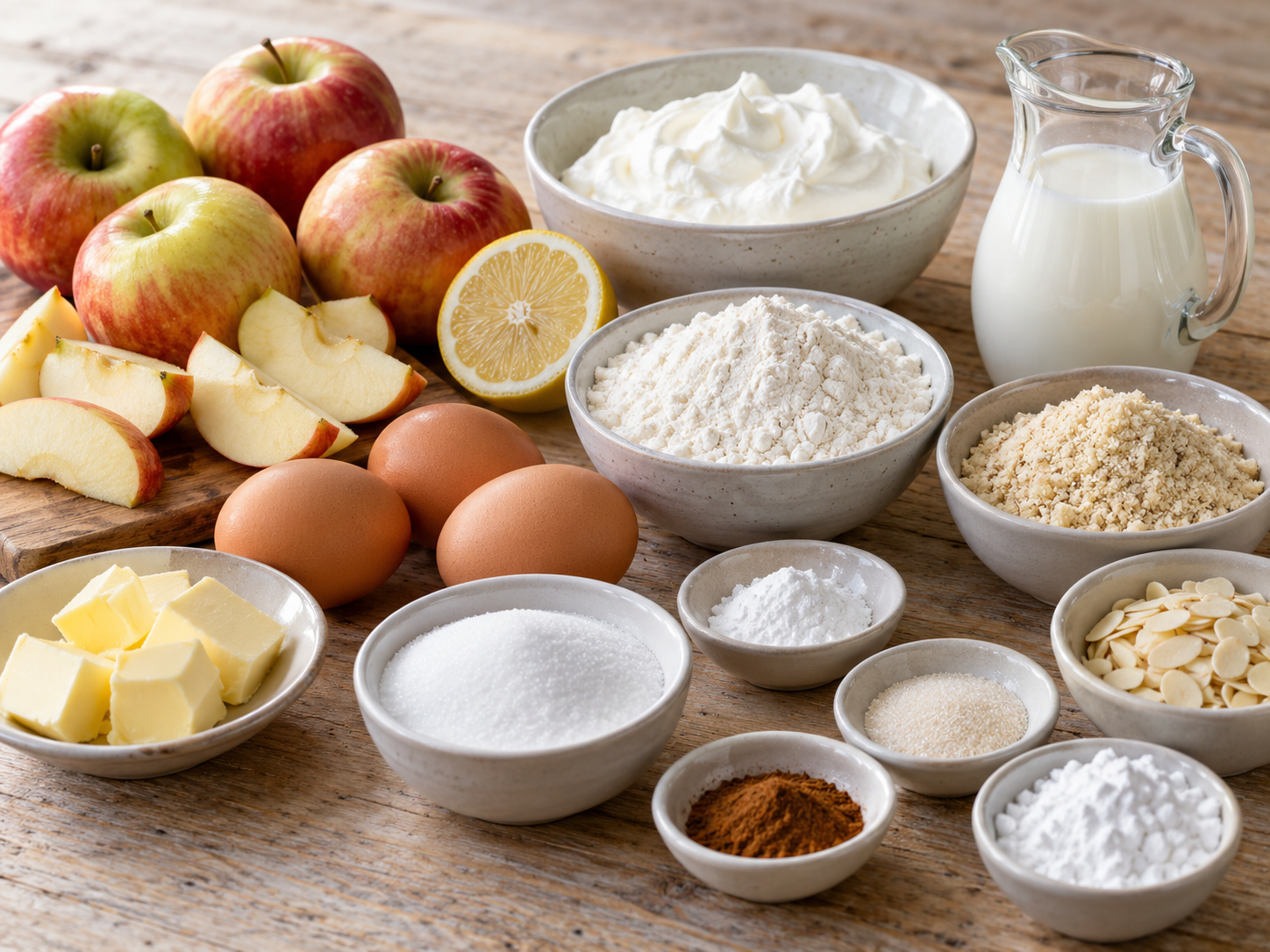Zutaten für Apfel-Butterkuchen mit Äpfeln, Mandeln, Butter und Sahne