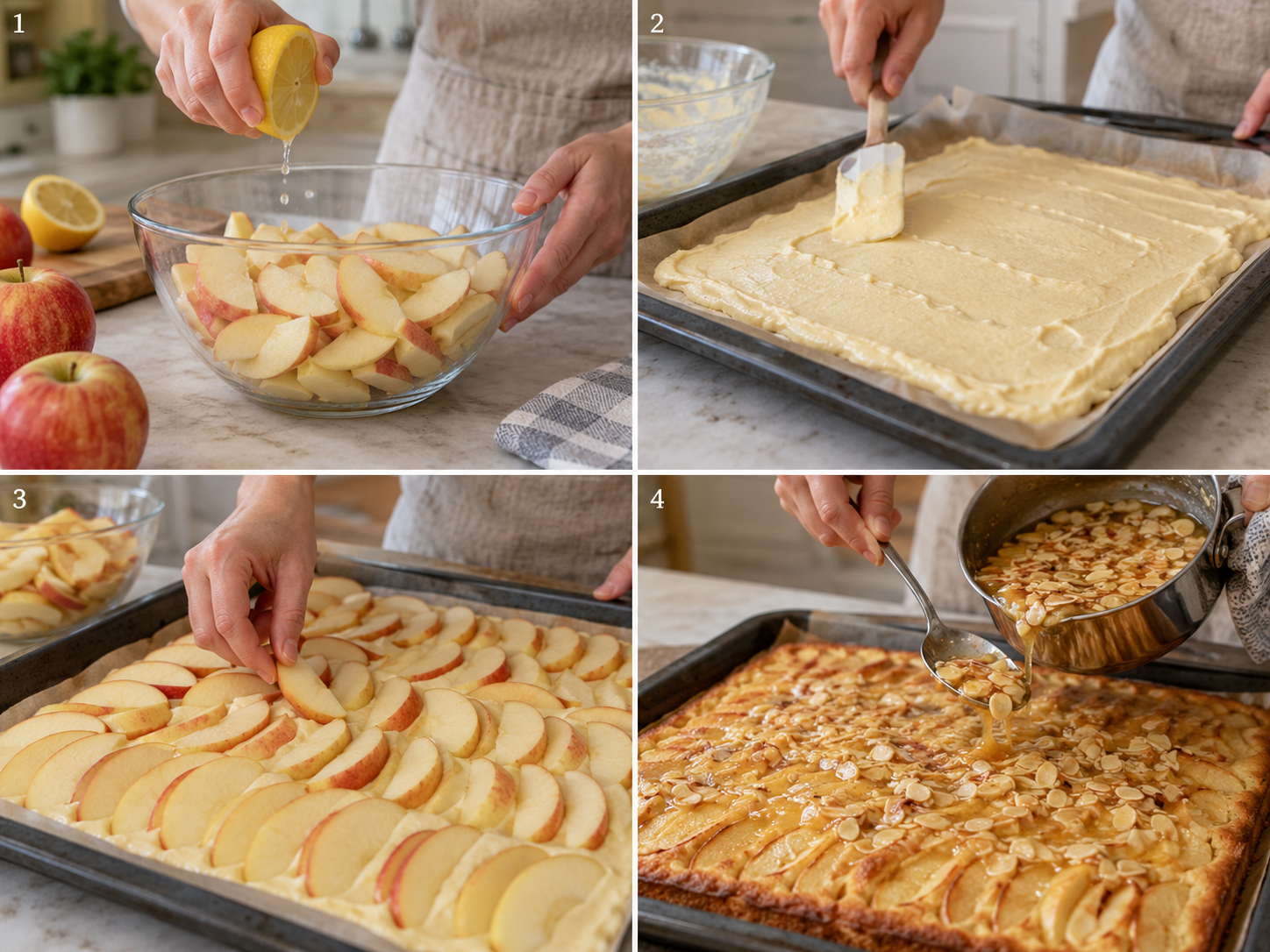 Vier Schritte beim Backen von Apfel-Butterkuchen vom Blech