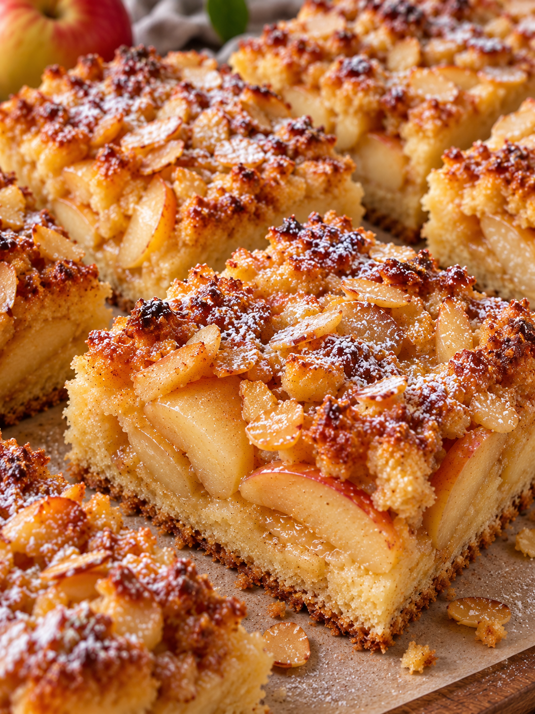 Goldbraune Stücke Apfel-Butterkuchen mit Mandeln und Puderzucker