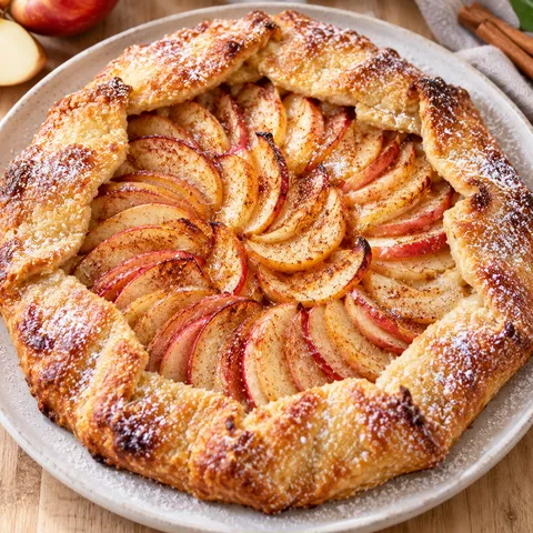 Goldbraune Apfel-Galette mit Zimt und Puderzucker auf hellem Teller