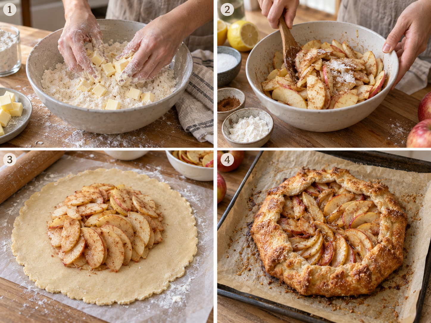 Vier Arbeitsschritte für Apfel-Galette vom Teig bis zur gebackenen Galette