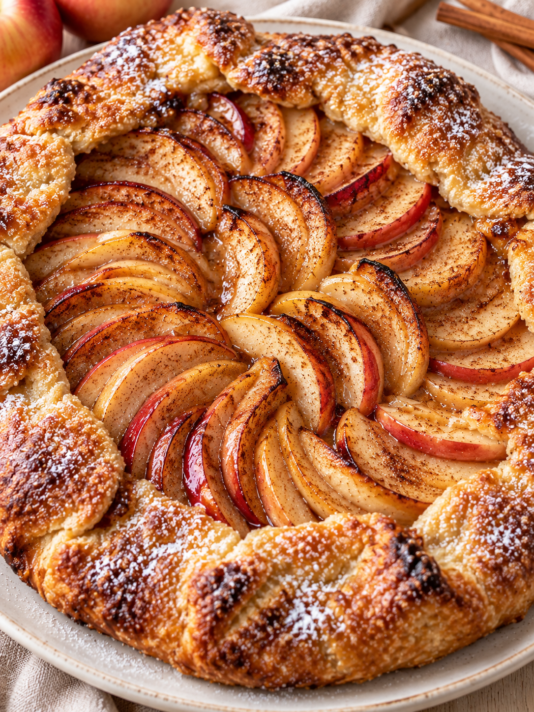 Apfel-Galette mit goldbraunem Rand, Zimtäpfeln und Puderzucker