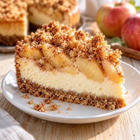Apfel-Käsekuchen mit Streuseln und cremiger Füllung auf einem Teller