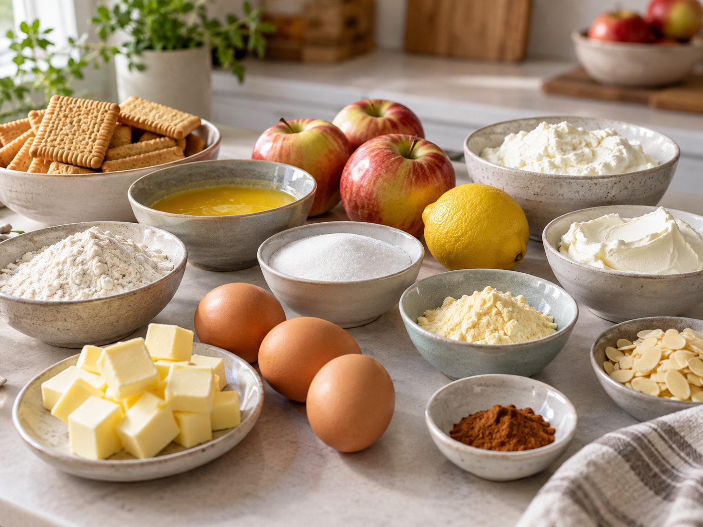 Zutaten für Apfel-Käsekuchen mit Keksboden und Streuseln