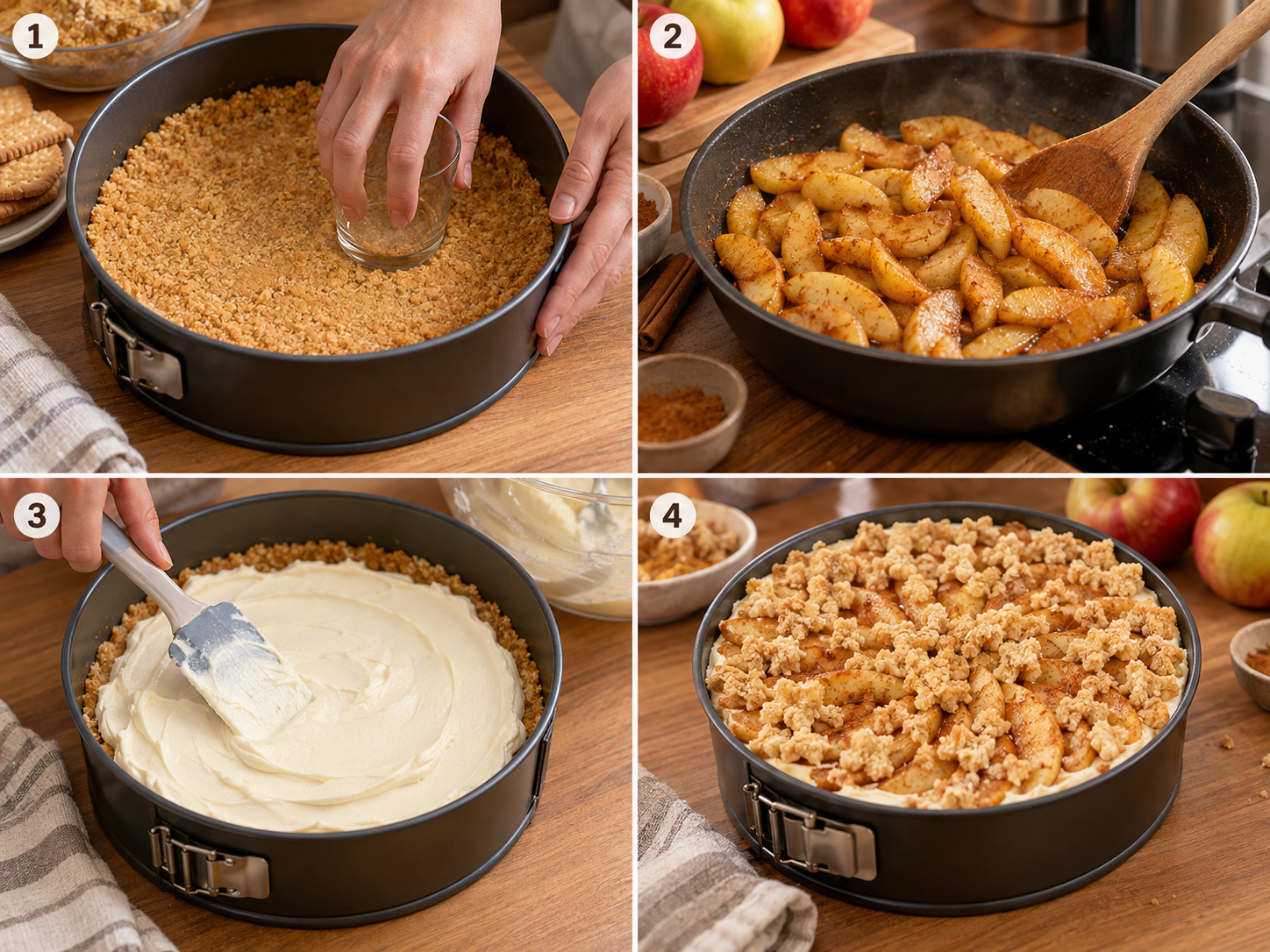 Vier Schritte für Apfel-Käsekuchen vom Keksboden bis zu Streuseln