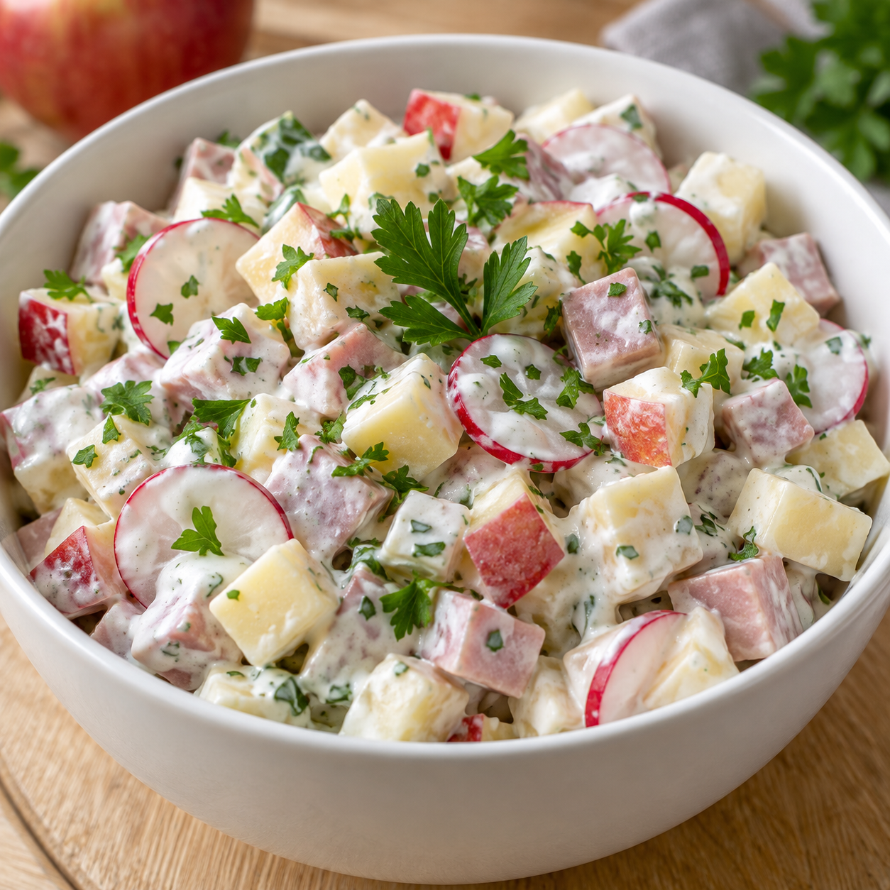 Apfel-Käse-Salat mit Jagdwurst, Radieschen und Petersilie
