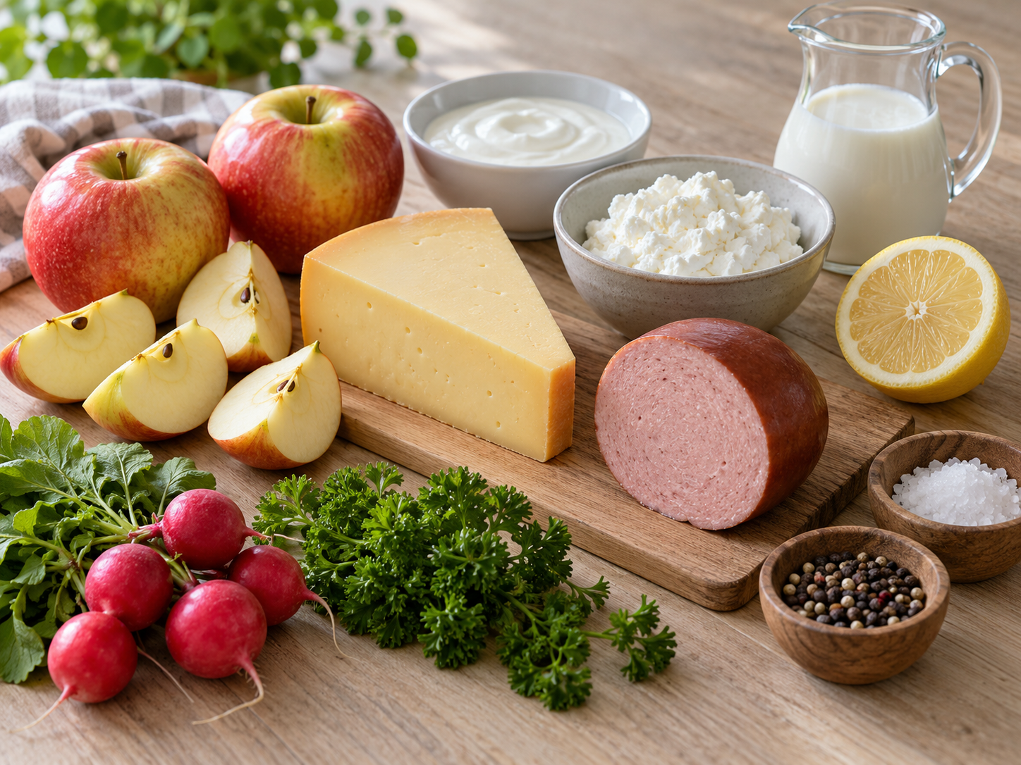 Zutaten für Apfel-Käse-Salat mit Jagdwurst und Joghurt