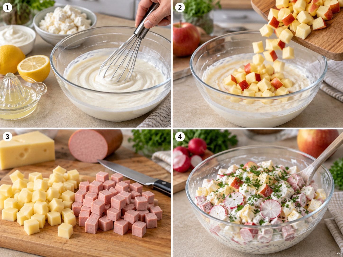 Vier Schritte für Apfel-Käse-Salat mit Joghurt-Dressing