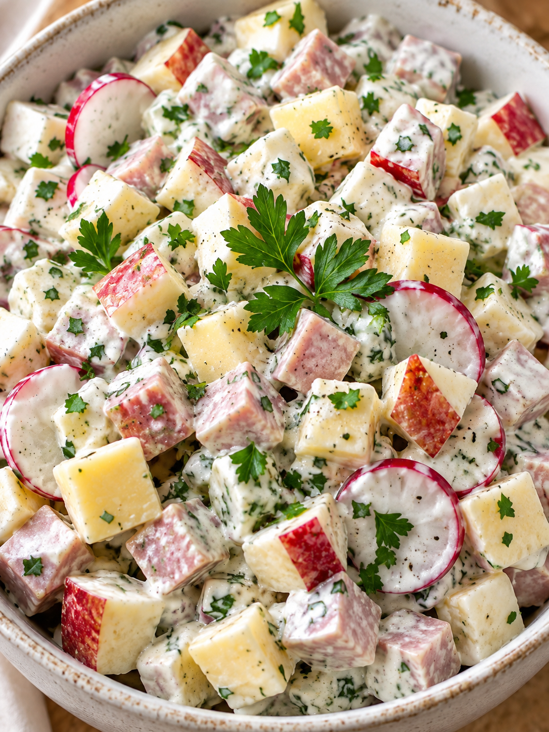 Cremiger Apfel-Käse-Salat mit Jagdwurst und Radieschen