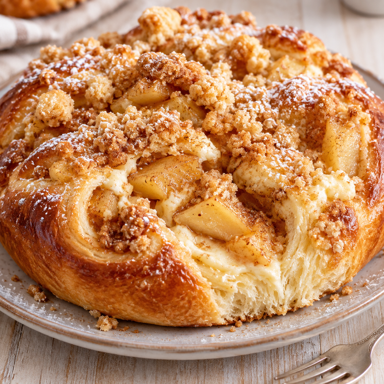 Apfel-Käsekuchen-Hefeteilchen mit Zimtäpfeln und Streuseln