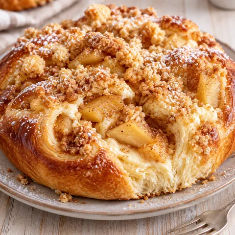Apfel-Käsekuchen-Hefeteilchen mit Zimtäpfeln und Streuseln