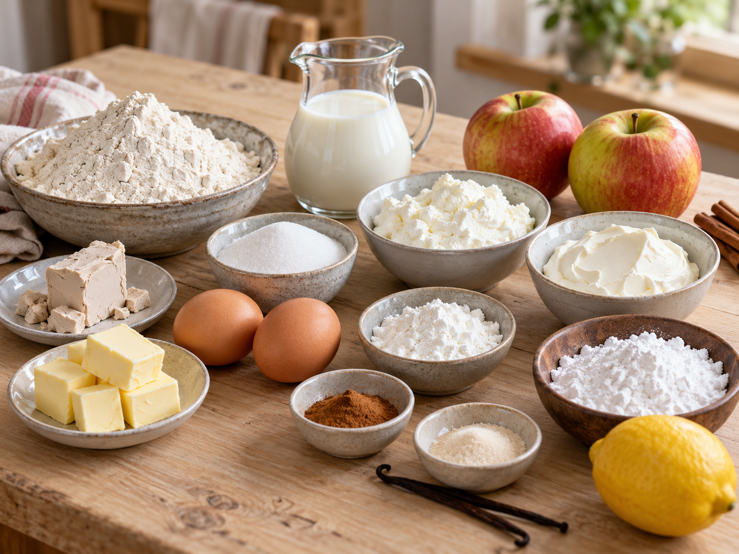 Zutaten für Apfel-Käsekuchen-Hefeteilchen mit Quark, Äpfeln und Zimt