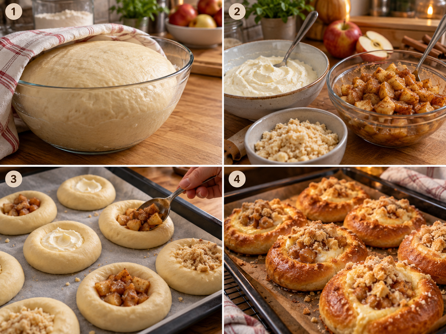 Vier Schritte für Apfel-Käsekuchen-Hefeteilchen vom Teig bis zum Backen