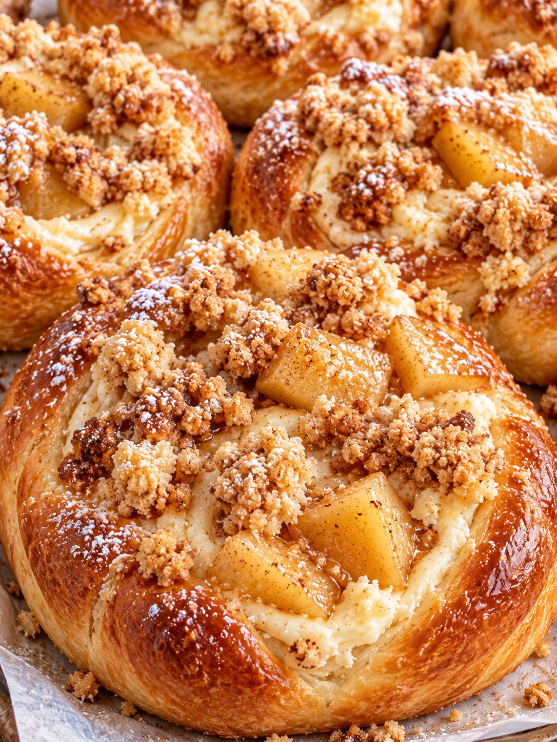 Goldene Apfel-Käsekuchen-Hefeteilchen mit Zimtfüllung und Streuseln