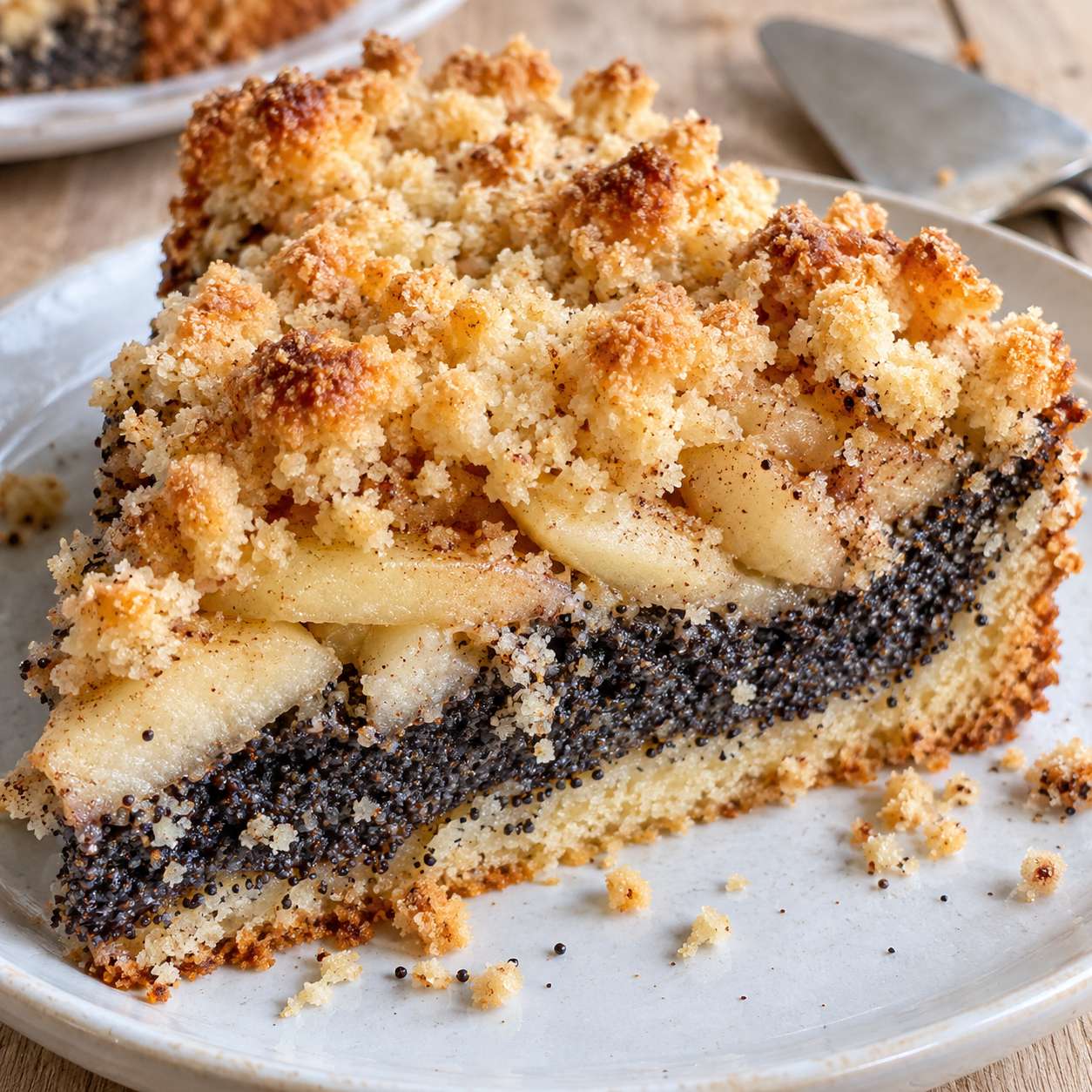 Apfel-Mohnkuchen mit Streuseln auf hellem Teller