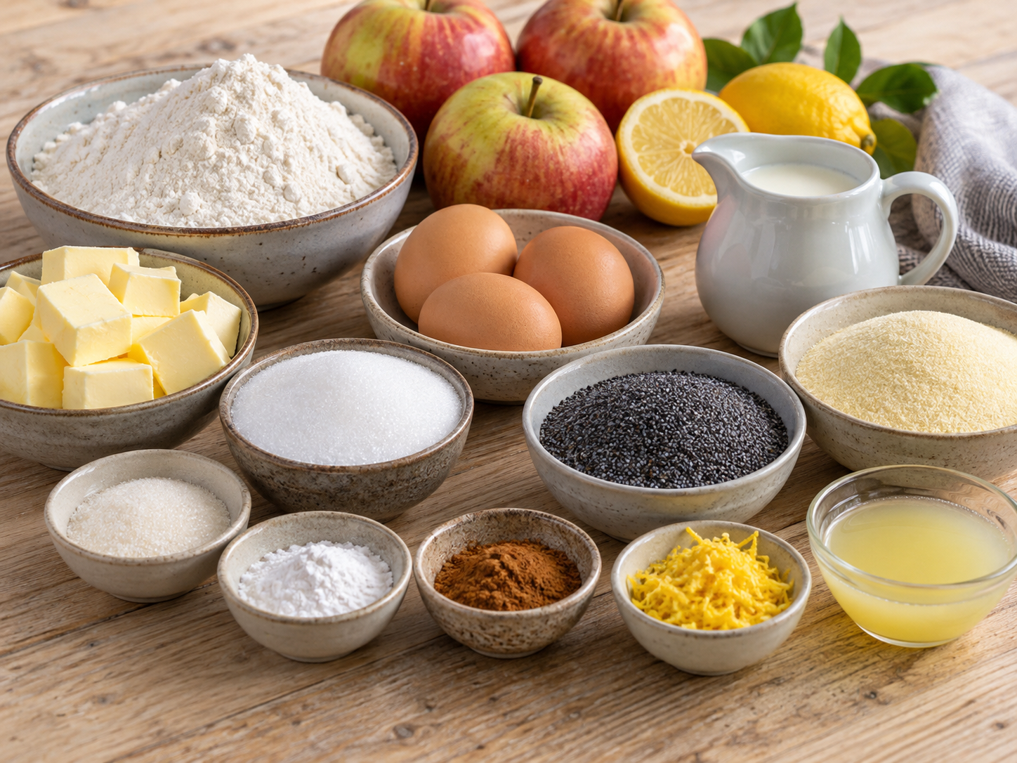 Zutaten für Apfel-Mohnkuchen mit Streuseln auf hellem Holz
