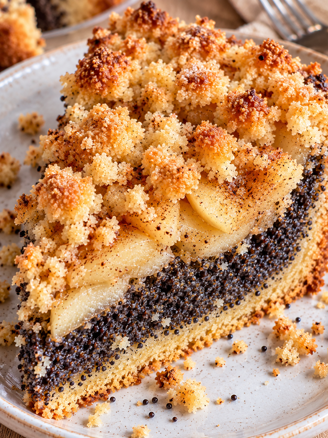 Saftiges Stück Apfel-Mohnkuchen mit goldenen Streuseln