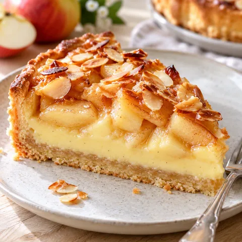 Apfel-Pudding-Kuchen mit Mandelblättchen und cremiger Vanillefüllung