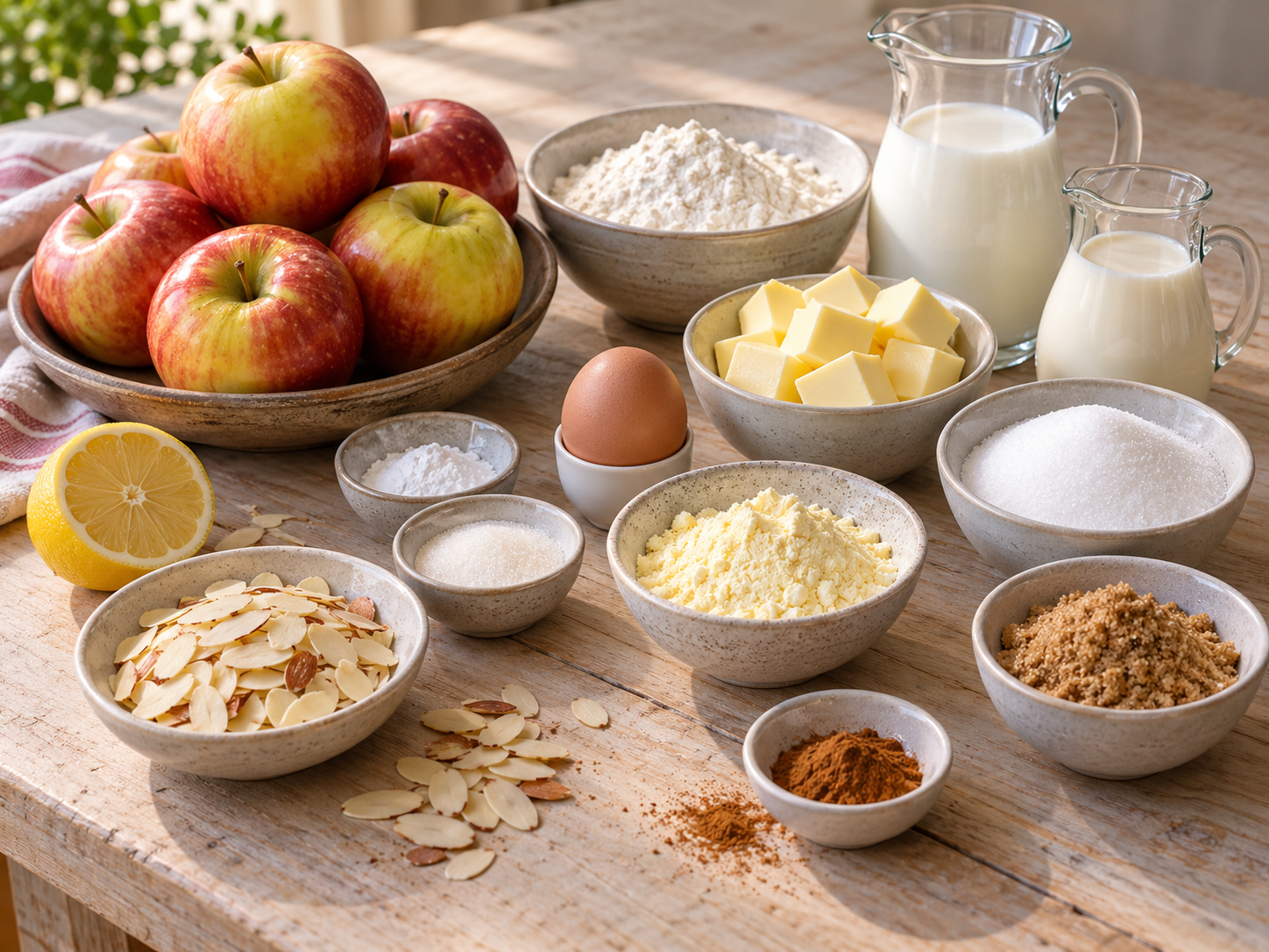Zutaten für Apfel-Pudding-Kuchen mit Äpfeln, Vanillecreme und Mandeln