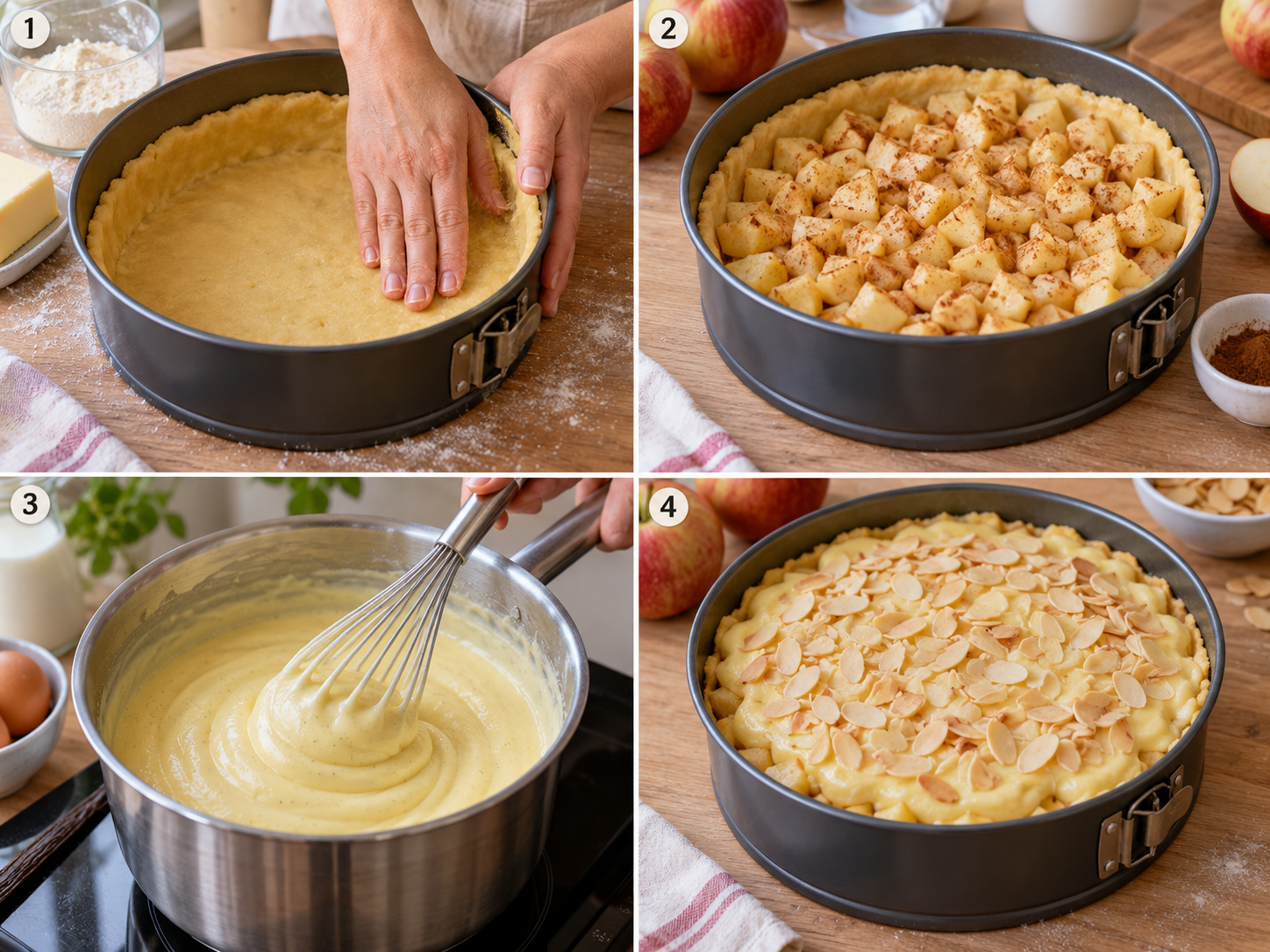 Vier Schritte für Apfel-Pudding-Kuchen vom Teig bis zur Mandeldecke