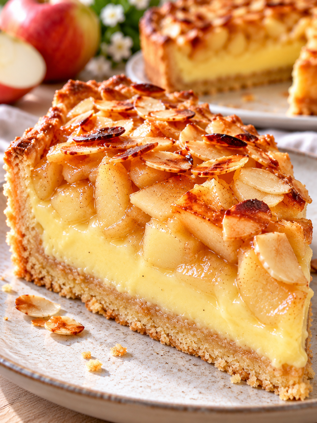 Cremiges Stück Apfel-Pudding-Kuchen mit gerösteten Mandelblättchen
