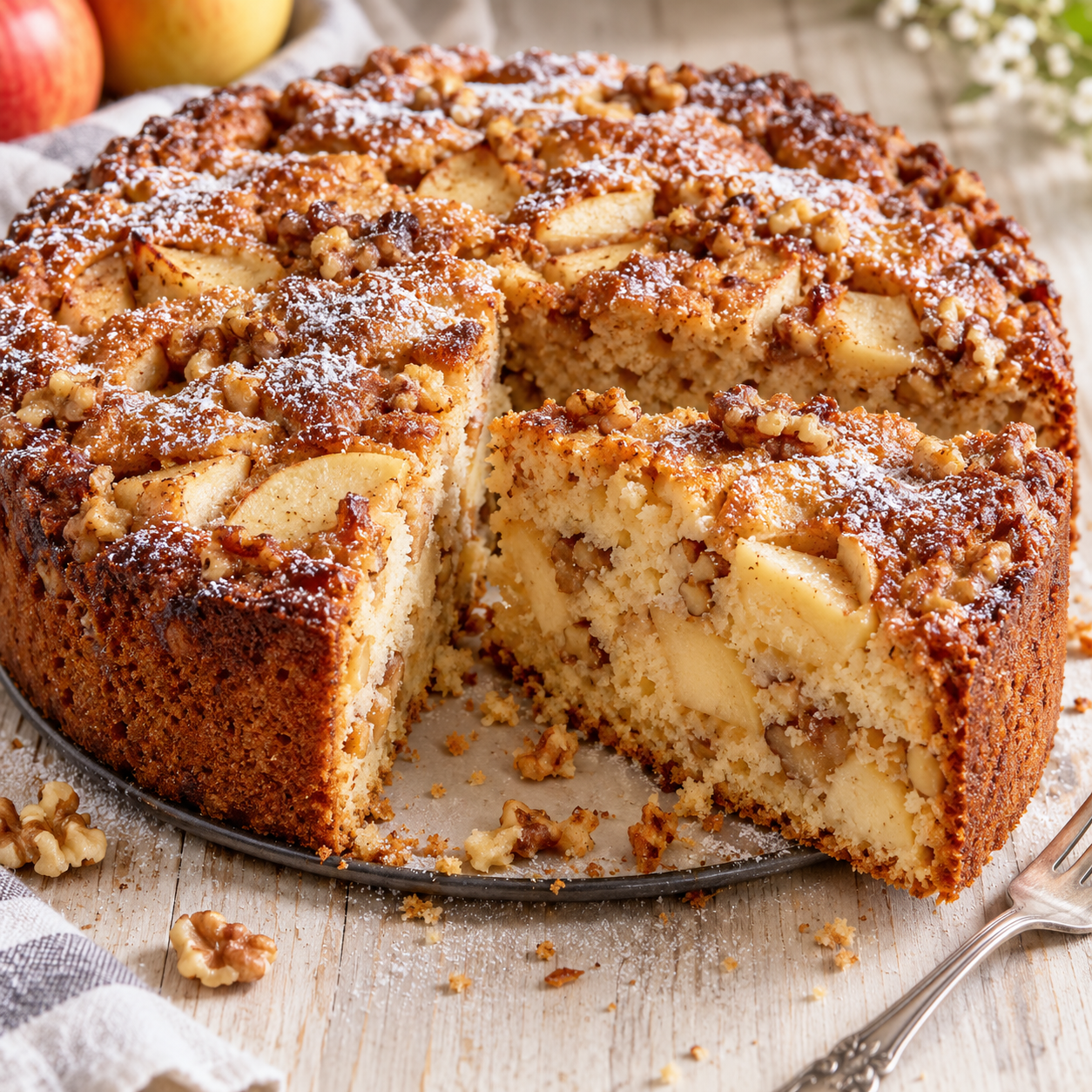 Apfel-Zimt-Nusskuchen mit Walnüssen und Puderzucker auf einem Teller