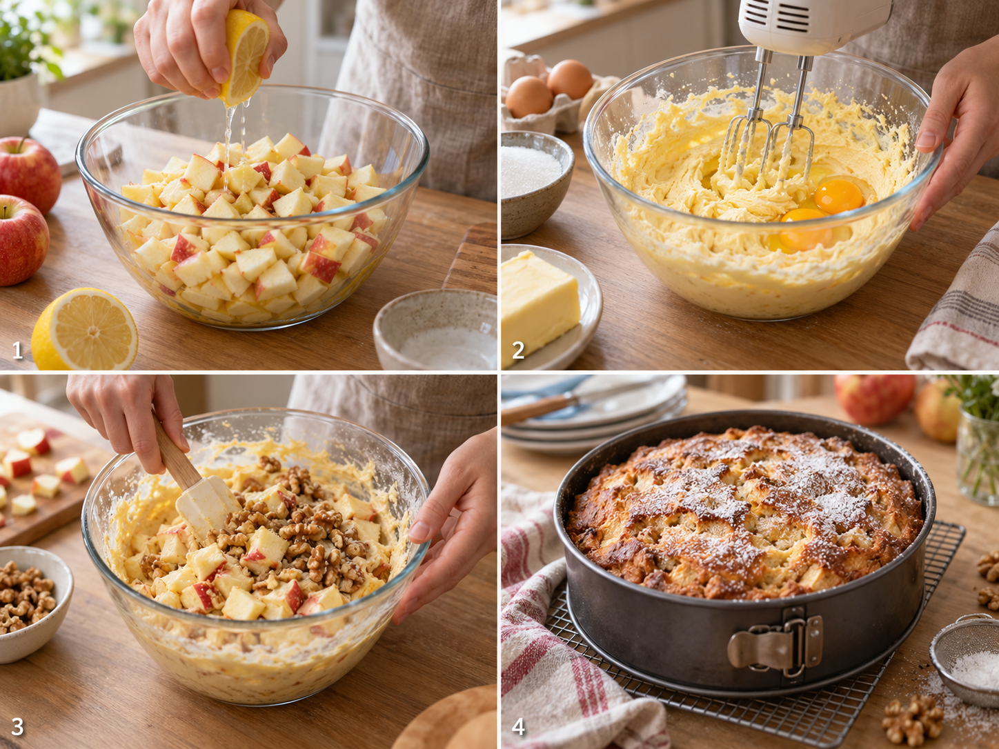 Vier Schritte für Apfel-Zimt-Nusskuchen vom Apfelschneiden bis zum Backen