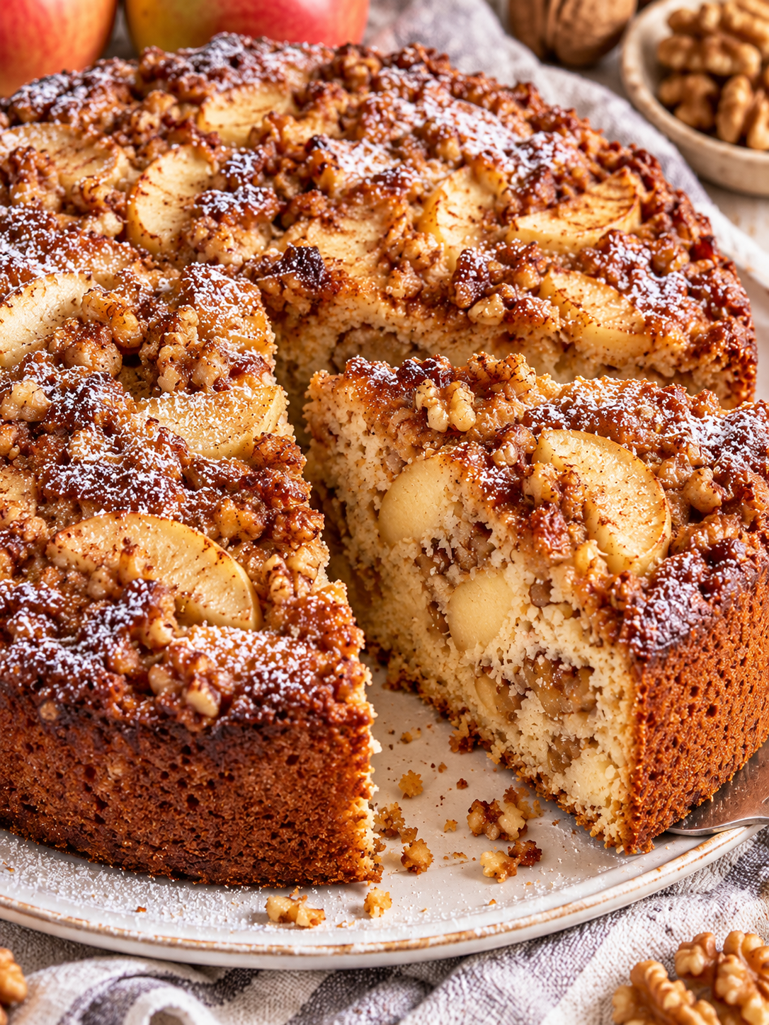 Saftiger Apfel-Zimt-Nusskuchen mit Walnüssen und Puderzucker