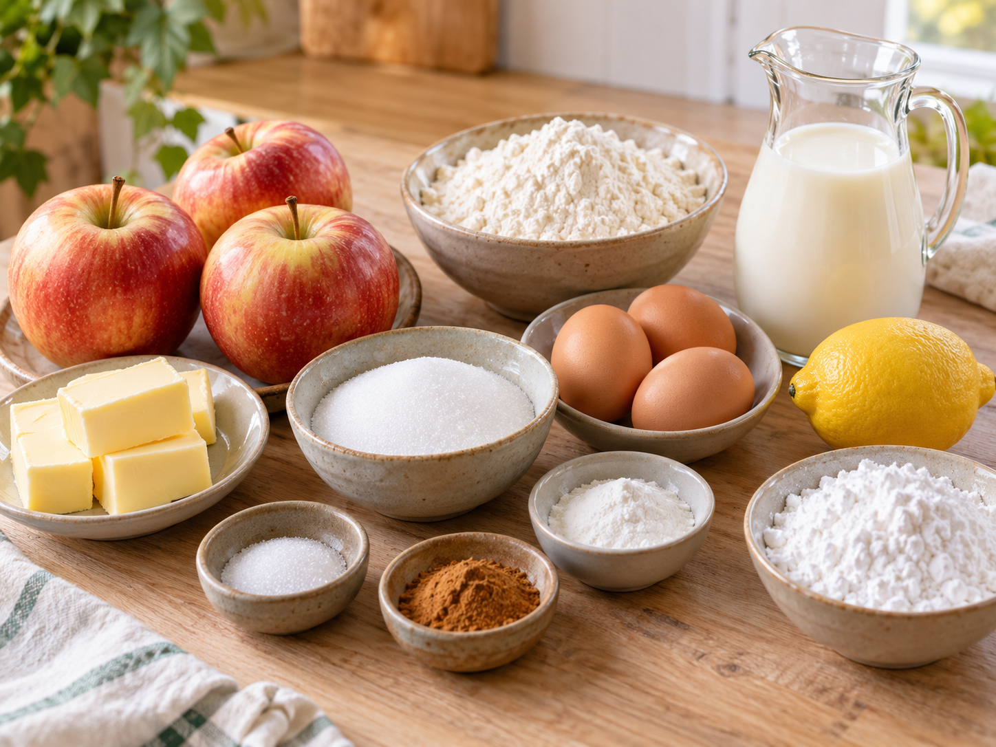 Zutaten für Apfelkranz mit Äpfeln, Butter, Mehl und Eiern