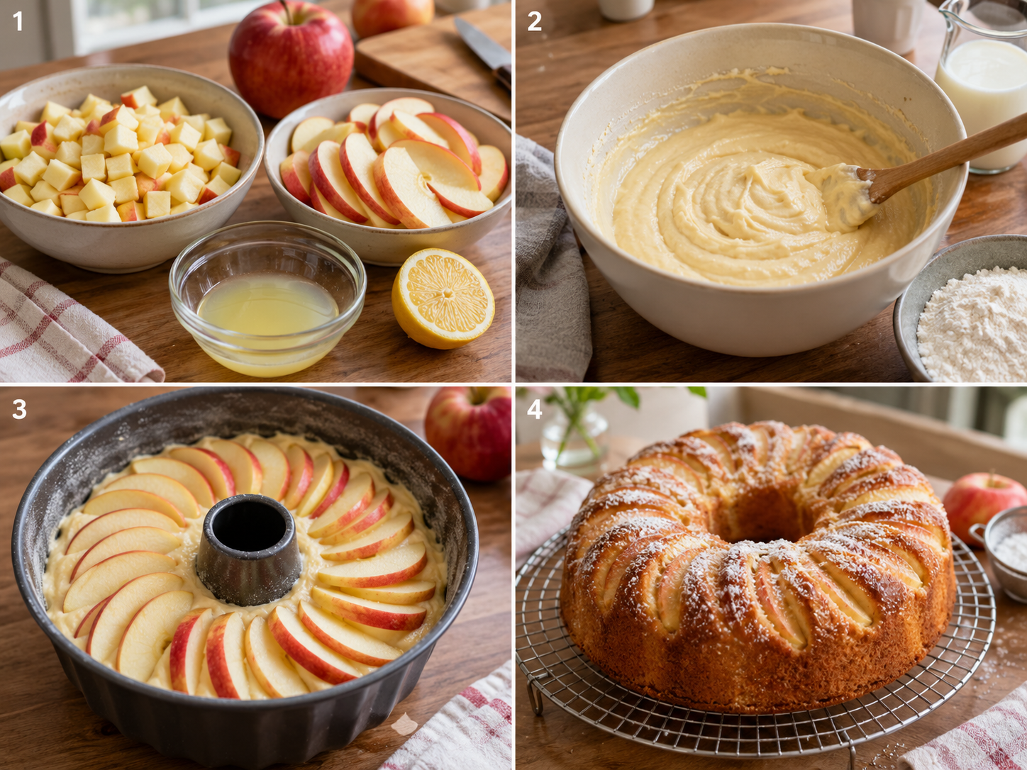 Vier Schritte für Apfelkranz vom Apfelschneiden bis zum Backen