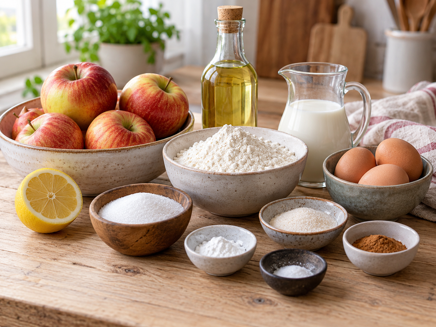 Zutaten für Apfelküchle mit Äpfeln, Zimt, Eiern, Milch und Mehl