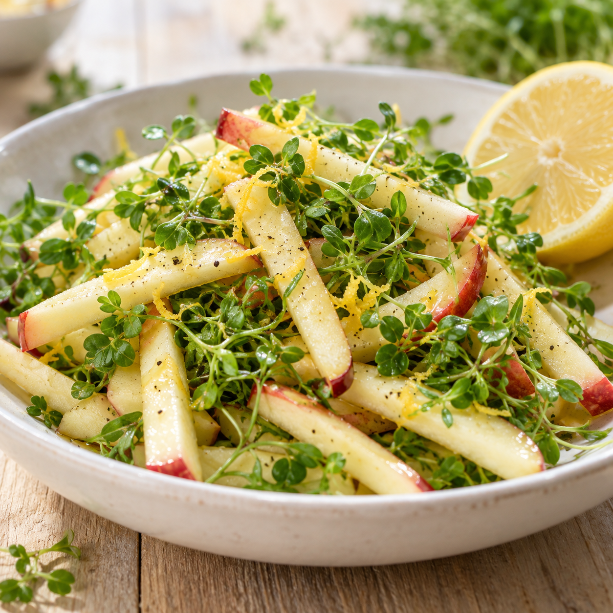 Apfelsalat mit Gartenkresse, Zitronenabrieb und frischem Dressing